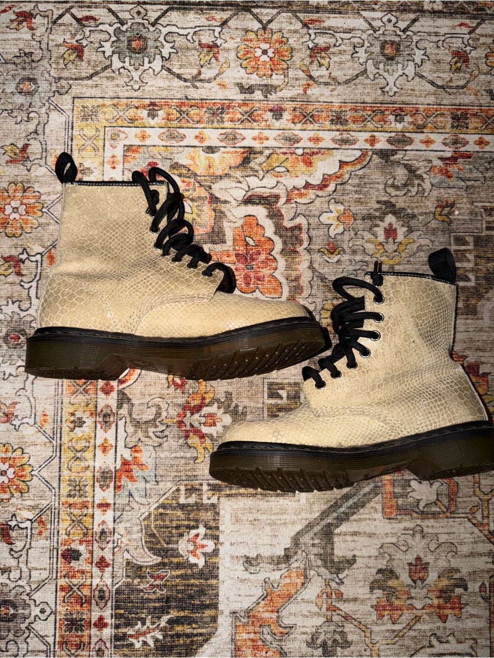 Dr. Martens Cream Textured Combat Boots with Black Laces and Sole